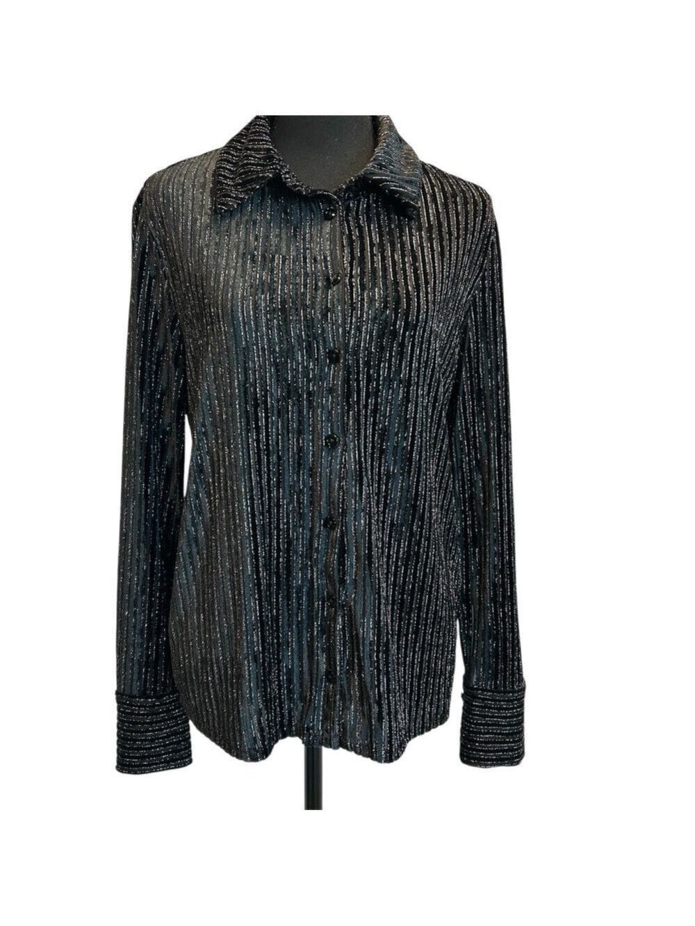House of Harlow 1960 black velvet silver metallic striped button-front blouse M